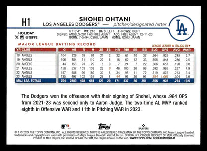 Baseball card of Shohei Ohtani from 2024 Topps Holiday Los Angeles Dodgers collection