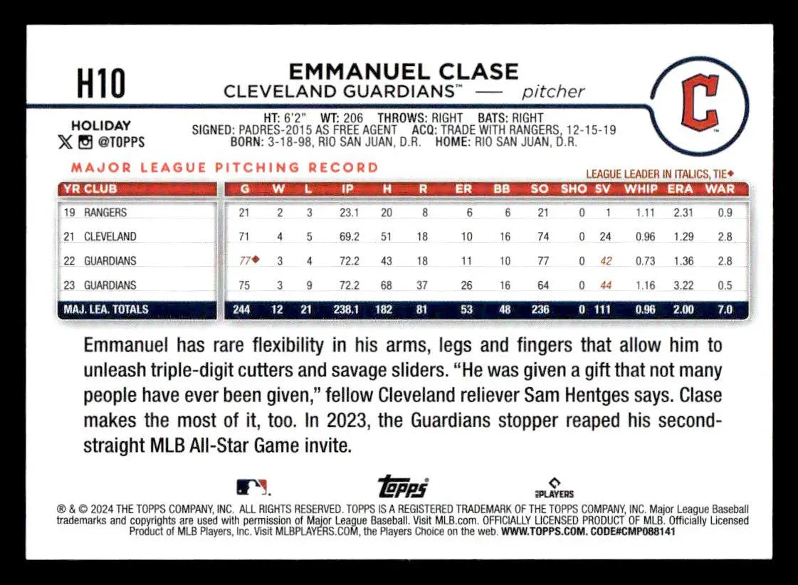 2024 Topps Holiday #H10 Emmanuel Clase - Baseball Card Single