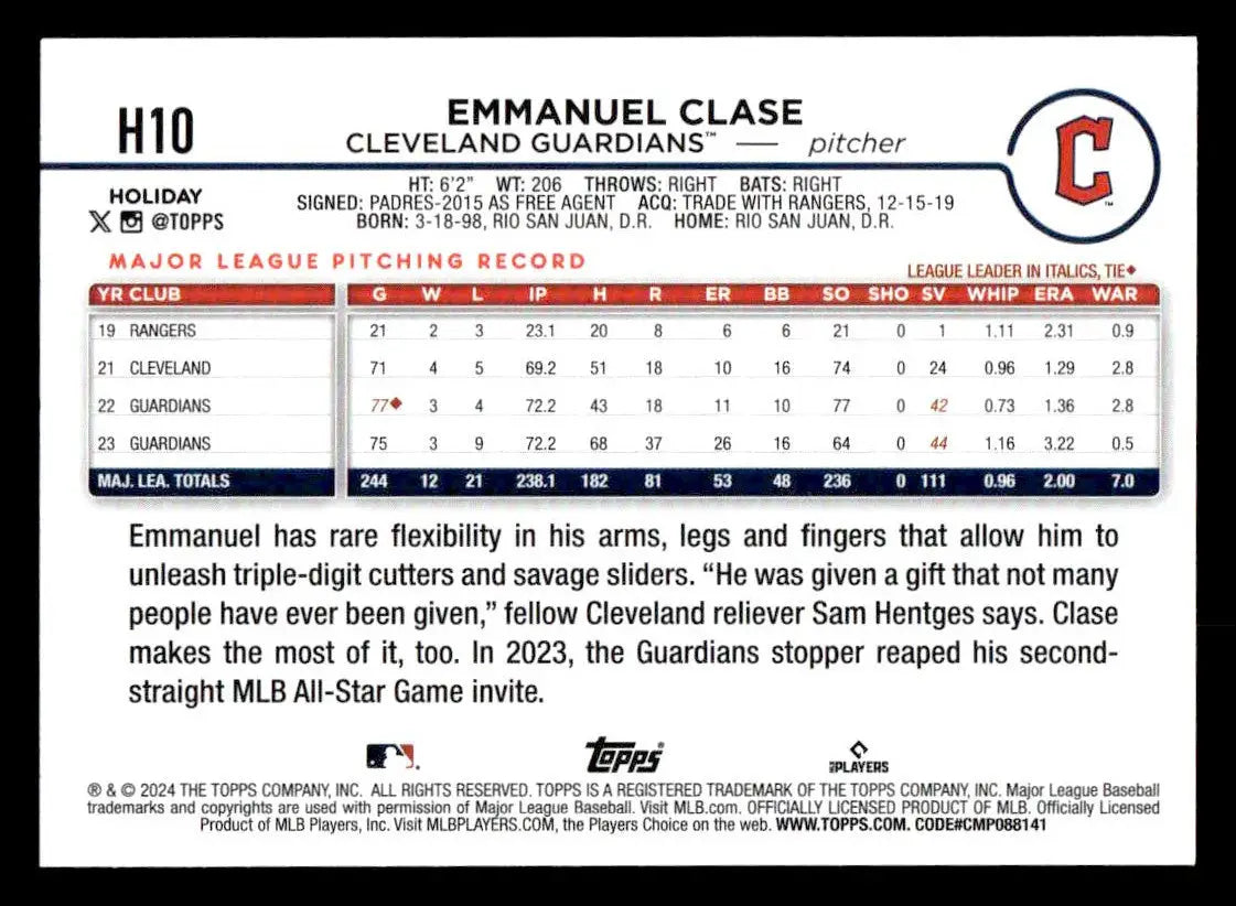 2024 Topps Holiday #H10 Emmanuel Clase - Baseball Card Single