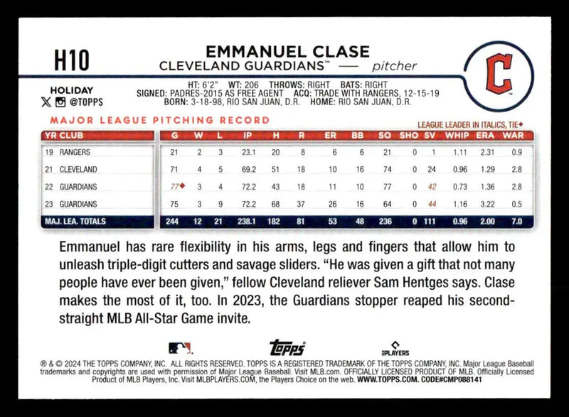 2024 Topps Holiday #H10 Emmanuel Clase - Baseball Card Single