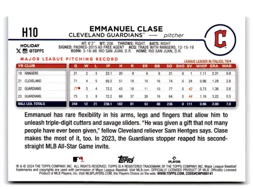 2024 Topps Holiday #H10 Emmanuel Clase NM-MT Guardians ID:74785 - Baseball Card Single