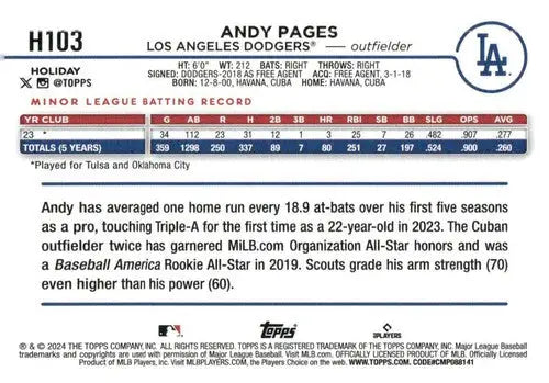 Original gloss 2024 Topps Holiday Andy Pages rookie baseball card with Dodgers ID 76652