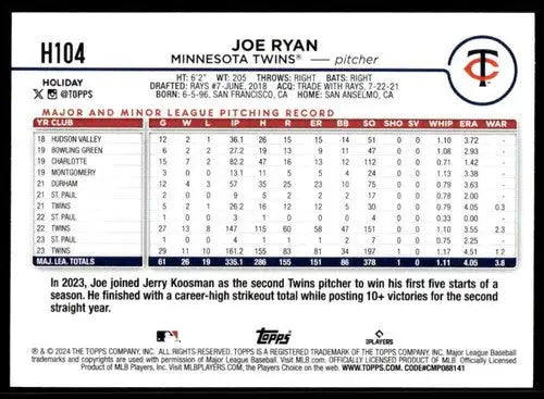 Original gloss 2024 Topps Holiday H104 Joe Ryan Twins baseball card high grade