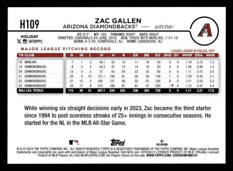 2024 Topps Holiday #H109 Zac Gallen - Baseball Card Single