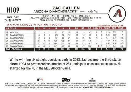 Original gloss 2024 Topps Holiday H109 Zac Gallen baseball card Diamondbacks NM-MT