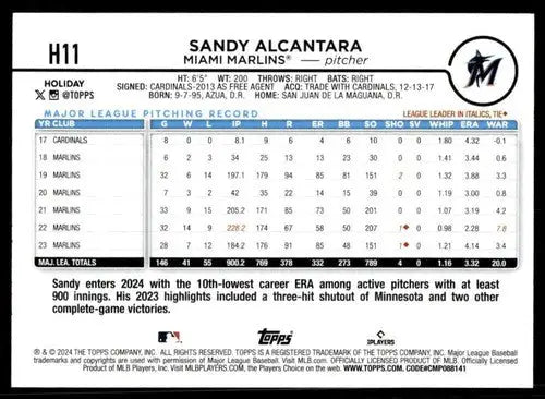 2024 Topps Holiday #H11 Sandy Alcantara NM-MT Marlins ID:75375 - Baseball Card Single