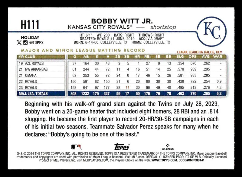 2024 Topps Holiday #H111 Bobby Witt Jr. - Baseball Card Single