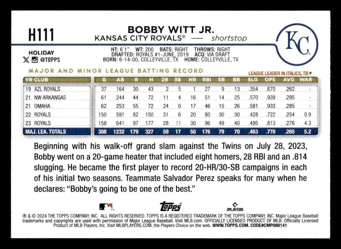 2024 Topps Holiday #H111 Bobby Witt Jr. - Baseball Card Single