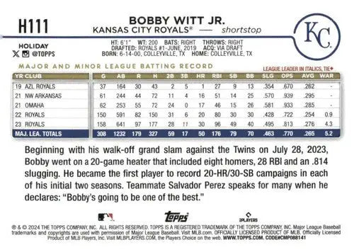 2024 Topps Holiday #H111 Bobby Witt Jr. NM-MT Royals ID:76665 - Baseball Card Single