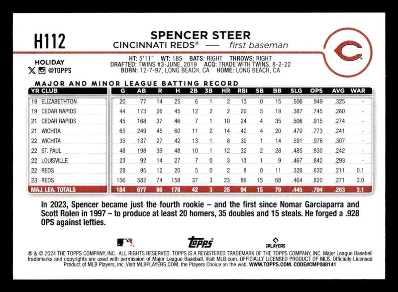 2024 Topps Holiday #H112 Spencer Steer - Baseball Card Single
