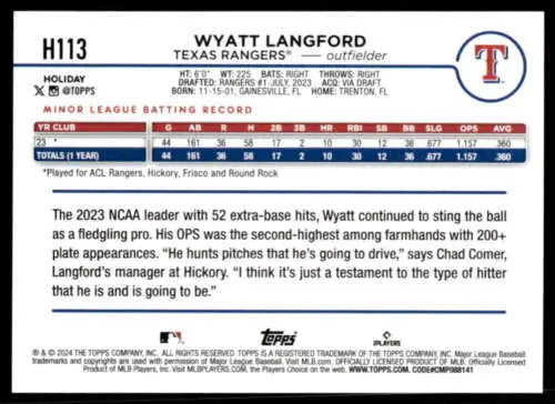 Wyatt Langford baseball card H113 Wyatt Topps Holiday 2024 Rookie Rangers ID76667