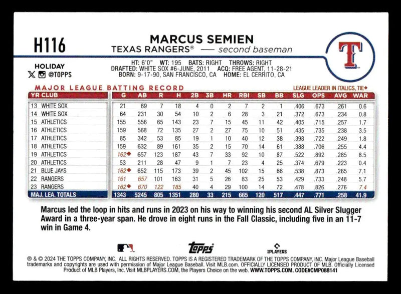 2024 Topps Holiday #H116 Marcus Semien - Baseball Card Single