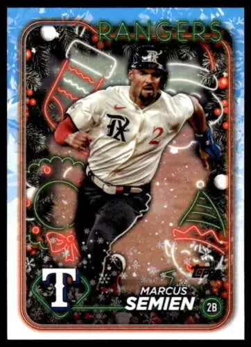 Original gloss 2024 Topps Holiday Marcus Semien baseball card featuring Rangers player