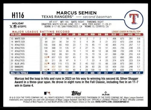 Original gloss of Marcus Semien baseball card from 2024 Topps Holiday series