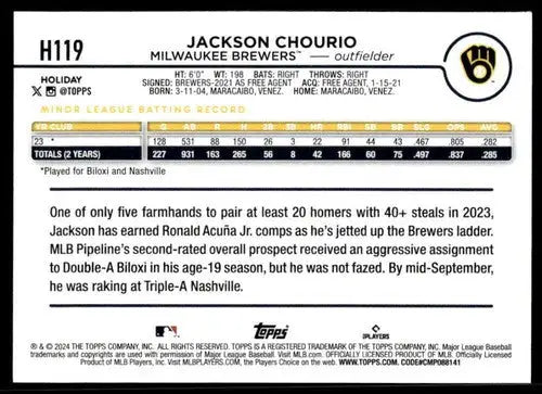 2024 Topps Holiday #H119 Jackson Chourio NM-MT RC Rookie Brewers ID:76673 - Baseball Card Single