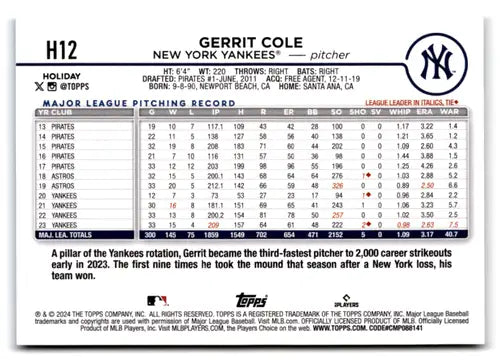 2024 Topps Holiday #H12 Gerrit Cole NM-MT Yankees ID:74787 - Baseball Card Single