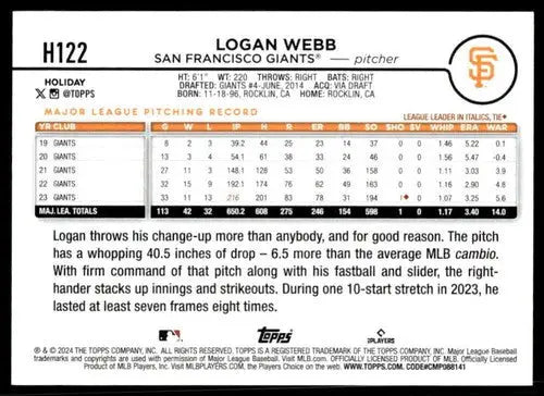 2024 Topps Holiday H122 Logan Webb baseball card Giants NM-MT ID 76676