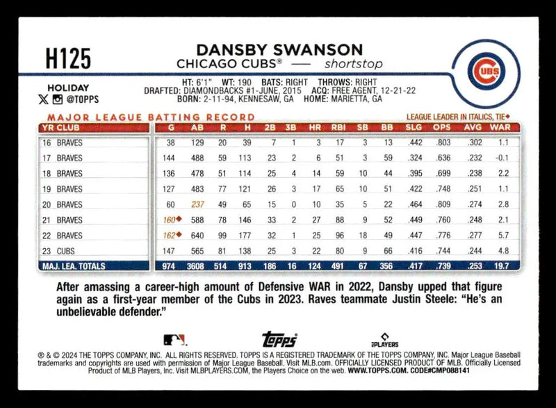 2024 Topps Holiday #H125 Dansby Swanson - Baseball Card Single
