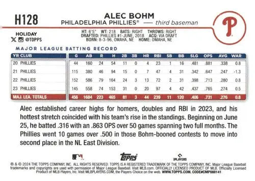 Original gloss 2024 Topps Holiday H128 Alec Bohm Phillies baseball card