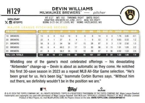 2024 Topps Holiday #H129 Devin Williams NM-MT Brewers ID:76683 - Baseball Card Single