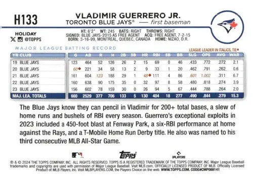 2024 Topps Holiday #H133 Vladimir Guerrero Jr. NM-MT Blue Jays ID:76687 - Baseball Card Single