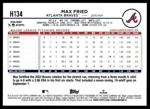 2024 Topps Holiday H134 Max Fried baseball card Braves NM-MT collectible