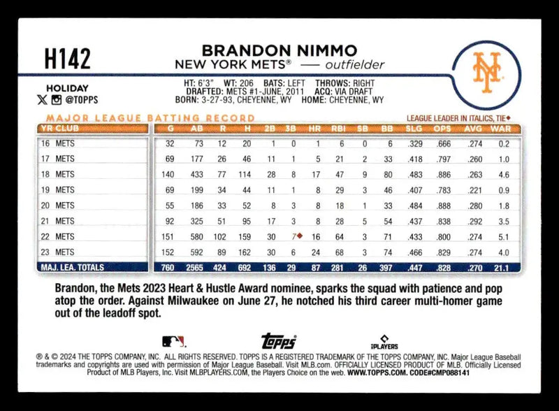 2024 Topps Holiday #H142 Brandon Nimmo - Baseball Card Single