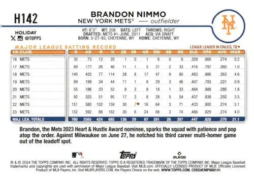 2024 Topps Holiday #H142 Brandon Nimmo NM-MT Mets ID:76696 - Baseball Card Single