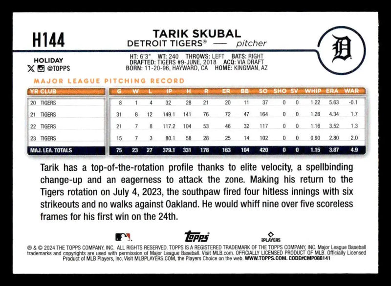2024 Topps Holiday #H144 Tarik Skubal - Baseball Card Single