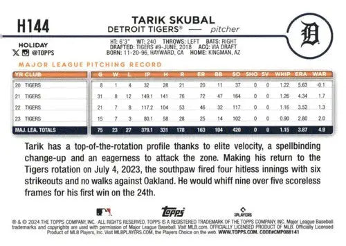 Original gloss 2024 Topps Holiday H144 Tarik Skubal baseball card Tigers ID 76698