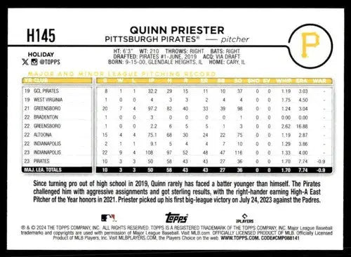 2024 Topps Holiday #H145 Quinn Priester NM-MT RC Rookie Pirates ID:76699 - Baseball Card Single