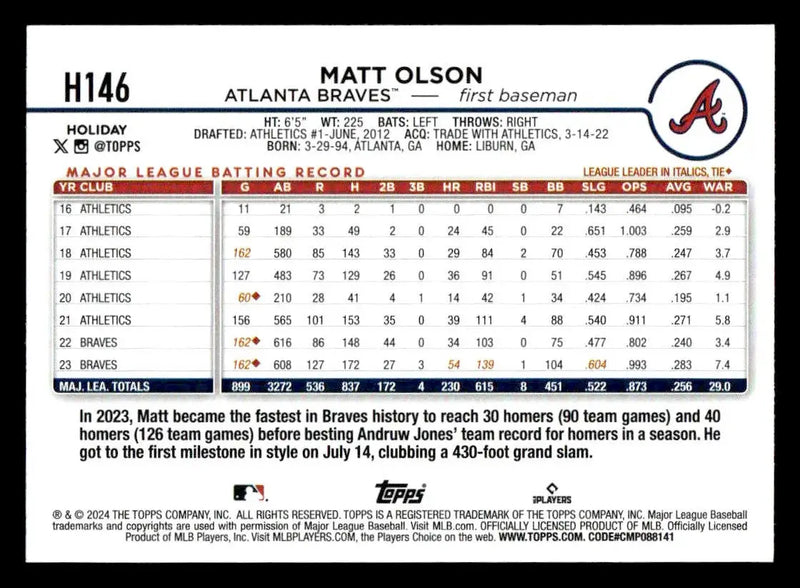 2024 Topps Holiday #H146 Matt Olson - Baseball Card Single