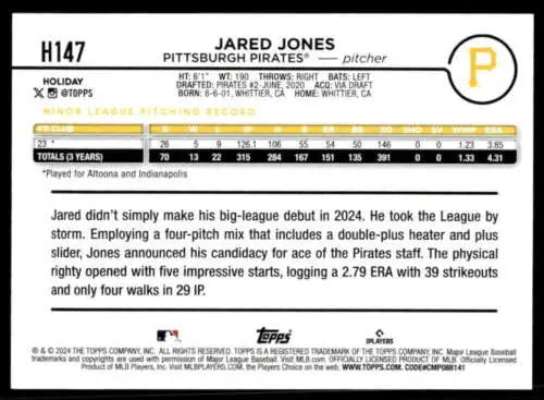 2024 Topps Holiday Baseball Card Back with Original Gloss Jared Jones H147 Rookie Pirates