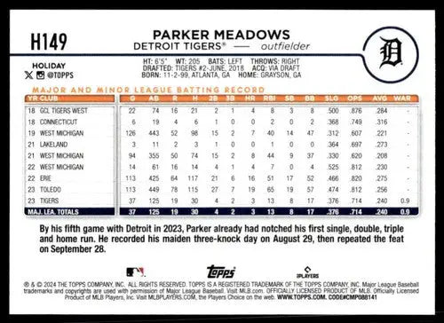 Original gloss 2024 Topps Holiday H149 Parker Meadows rookie Tigers baseball card