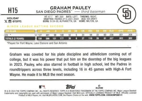 2024 Topps Holiday #H15 Graham Pauley NM-MT RC Rookie Padres ID:75377 - Baseball Card Single
