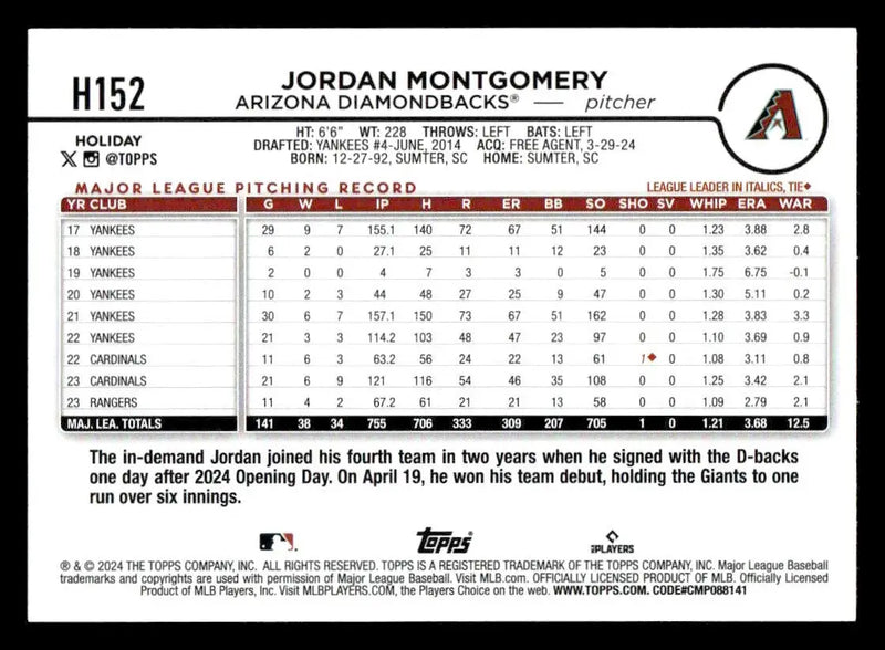 2024 Topps Holiday #H152 Jordan Montgomery - Baseball Card Single