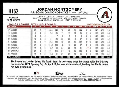 Original gloss 2024 Topps Holiday H152 Jordan Montgomery Diamondbacks baseball card