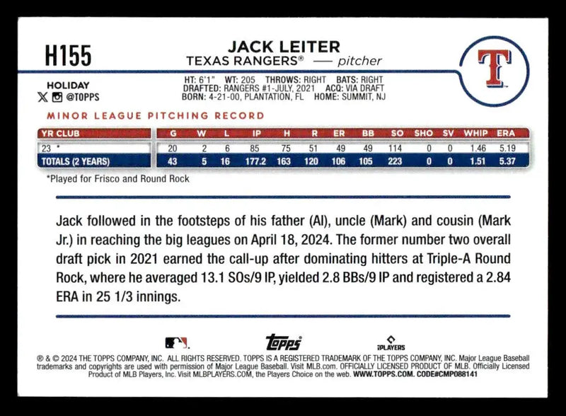 2024 Topps Holiday #H155 Jack Leiter - Baseball Card Single