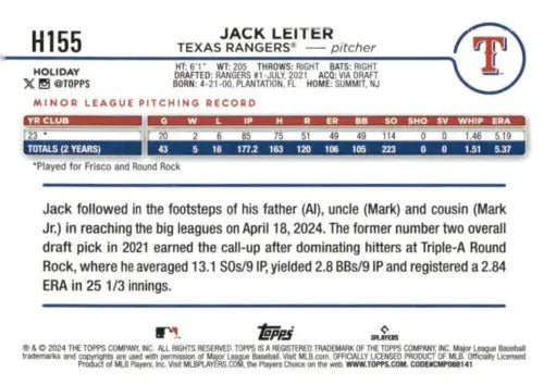 Original gloss 2024 Topps Holiday H155 Jack Leiter rookie baseball card Rangers
