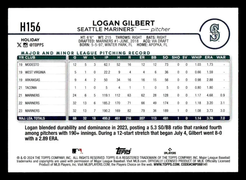 2024 Topps Holiday #H156 Logan Gilbert - Baseball Card Single