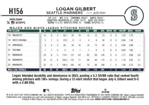 2024 Topps Holiday H156 Logan Gilbert Mariners baseball card NM-MT