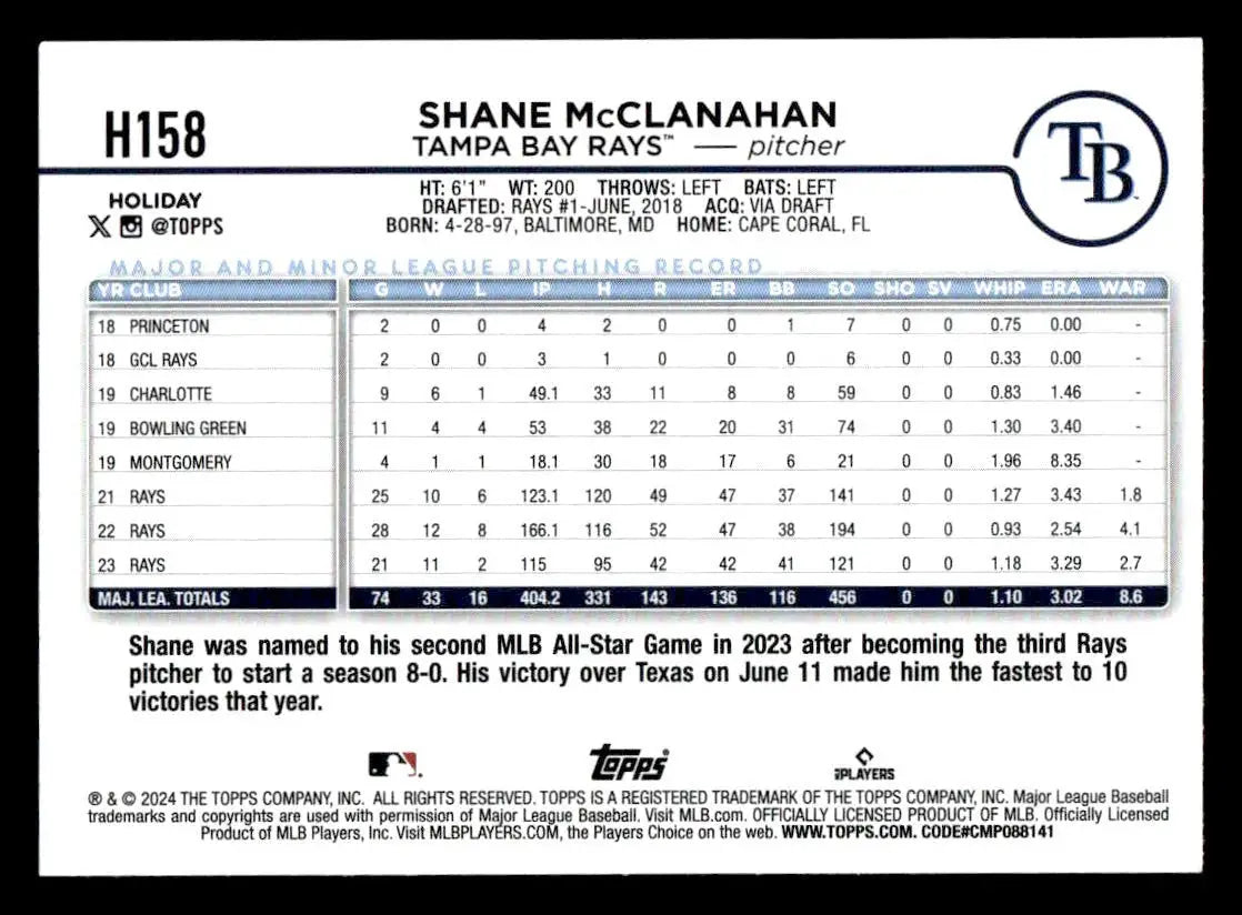 2024 Topps Holiday #H158 Shane McClanahan - Baseball Card Single