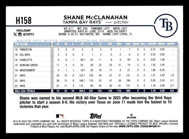 2024 Topps Holiday #H158 Shane McClanahan - Baseball Card Single