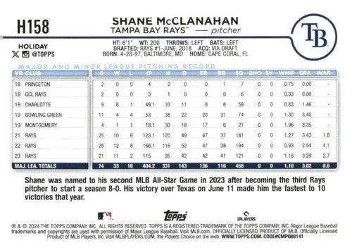 Original gloss 2024 Topps Holiday H158 Shane McClanahan Rays baseball card