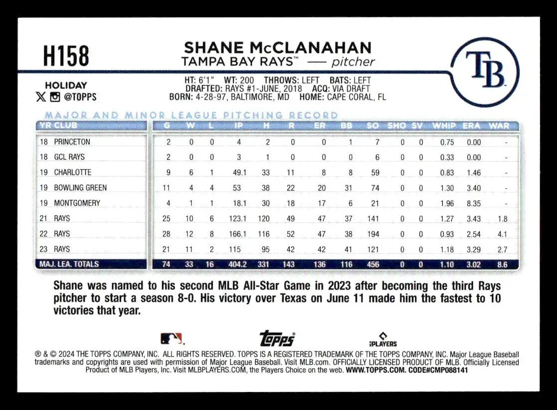 2024 Topps Holiday #H158 Shane McClanahan Holiday Tree - Baseball Card Single