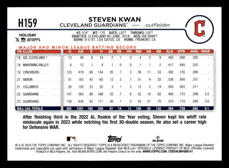2024 Topps Holiday #H159 Steven Kwan Holiday Tree - Baseball Card Single