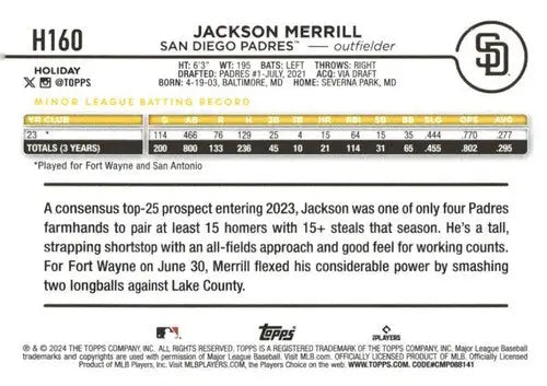 Original gloss 2024 Topps Holiday H160 Jackson Merrill baseball card Rookie Padres