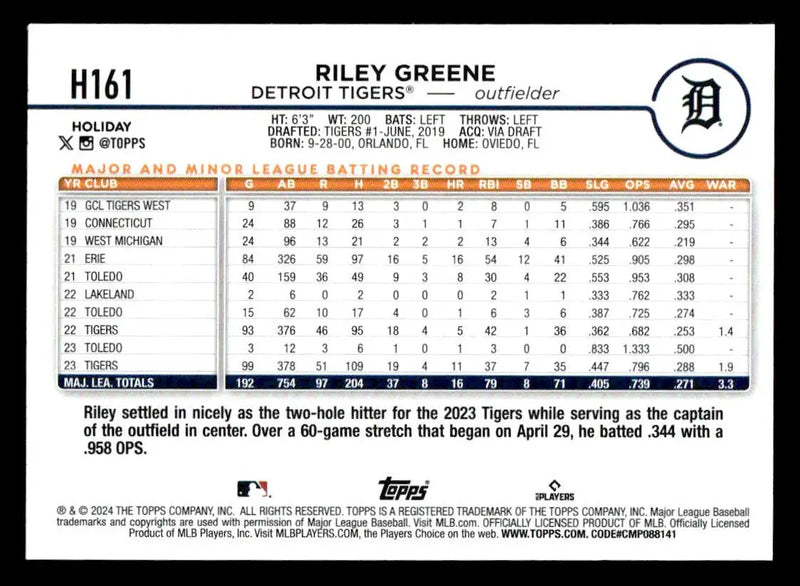 2024 Topps Holiday #H161 Riley Greene - Baseball Card Single