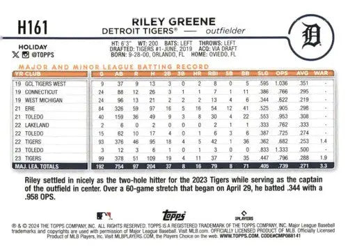 2024 Topps Holiday H161 Riley Greene baseball card Tigers NM-MT display