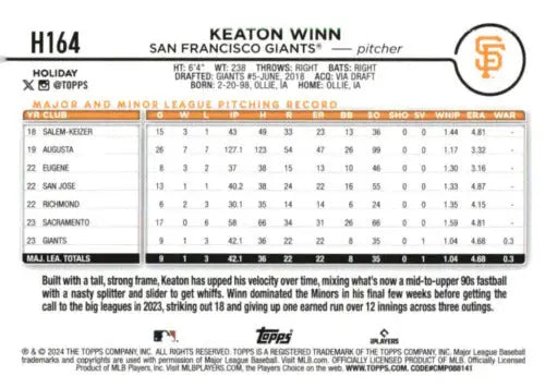 Original gloss 2024 Topps Holiday H164 Keaton Winn rookie baseball card